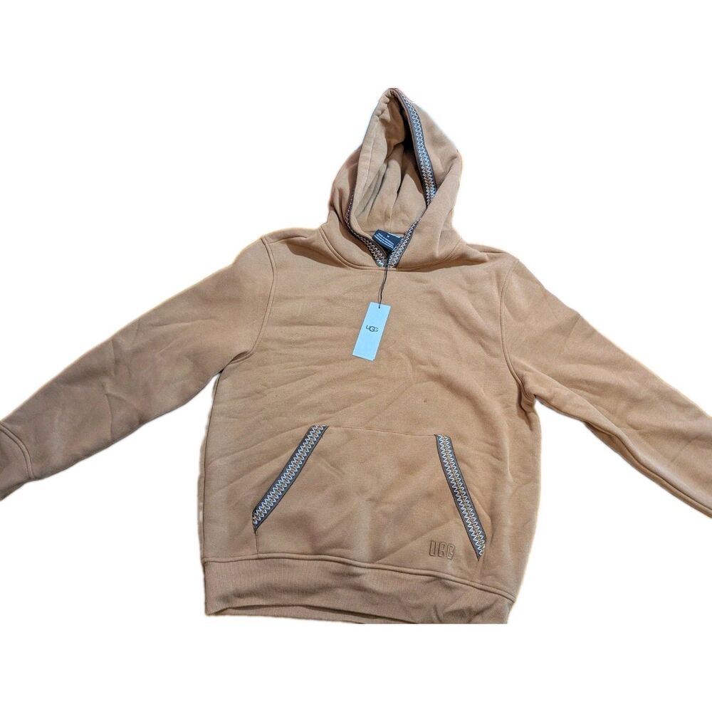 UGG Tasman Hoodie Men’s M CHE Tan Brown Zigzag Stitching $98 2 Small Holes